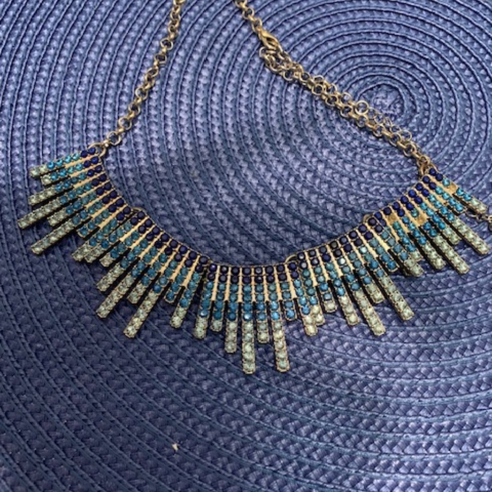 Goldtone Bib Necklace with Teal and White Stones